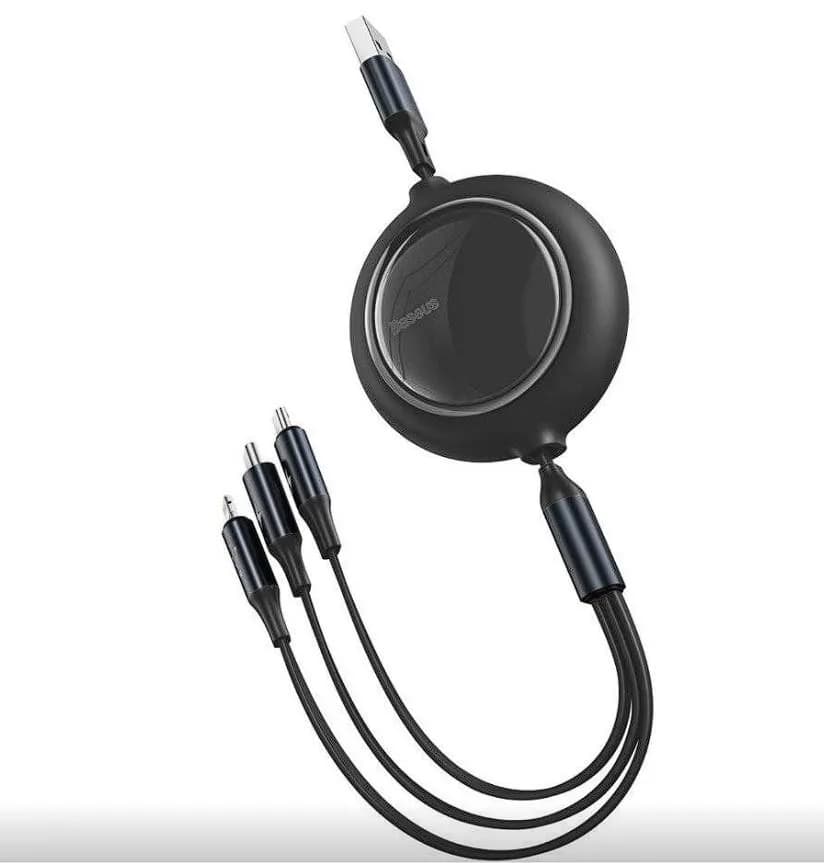 CABLU alimentare si date Baseus Bright Mirror 2 One-for-three Retractable, pt. smartphone, USB la Micro-USB + Lightning Iphone + USB Type-C 3.5A, 1.1m, negru — miniatură