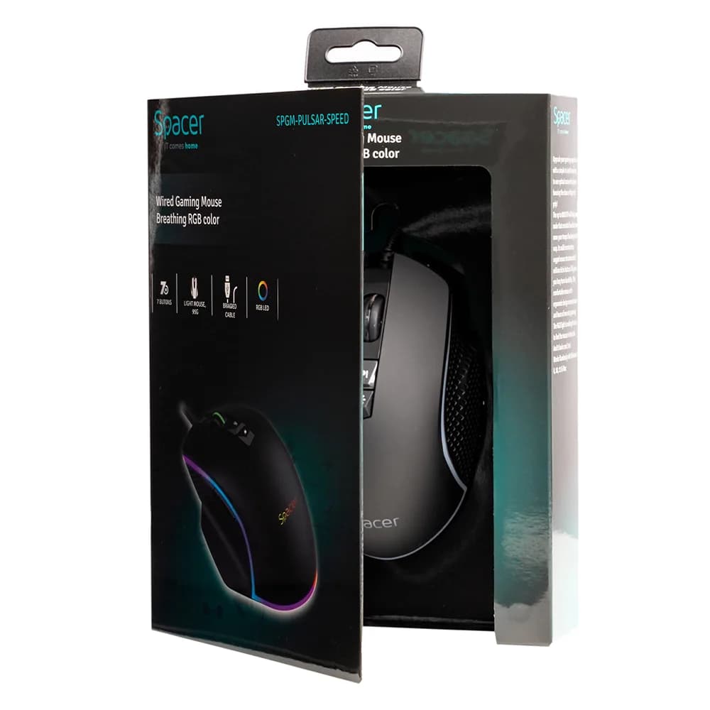 MOUSE Spacer - gaming, gaming, cu fir, USB, optic, 8.000 DPI, butoane/scroll 7/1, iluminare RGB, negru, "SPGM-PULSAR-SPEED" — miniatură