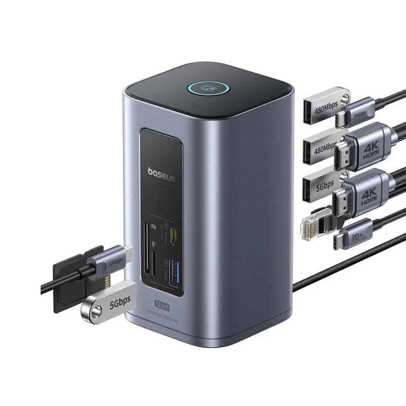 DOCKING STATION Baseus Spacemate RD1 12 in 1, input USB Type-C, output 2xHDMI 4K@60Hz, 2xUSB-C (10Gbps), 2xUSB-A (5Gbps), 2xUSB, 1xRJ45, card reader SD/micro SD, 1XUSB-C (PD), gri "B00568103813-00" - 6932172687137 — miniatură