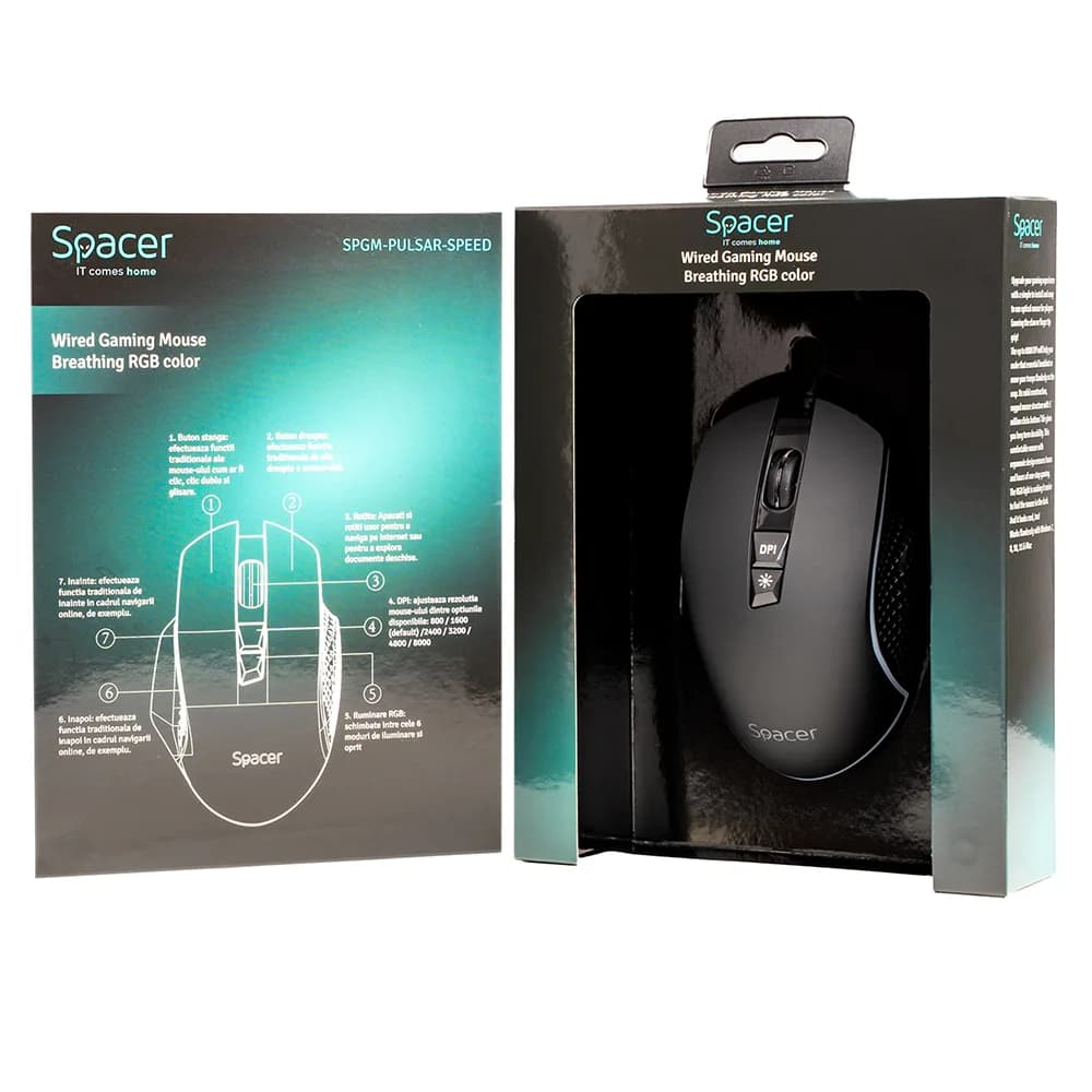 MOUSE Spacer - gaming, gaming, cu fir, USB, optic, 8.000 DPI, butoane/scroll 7/1, iluminare RGB, negru, "SPGM-PULSAR-SPEED" — miniatură