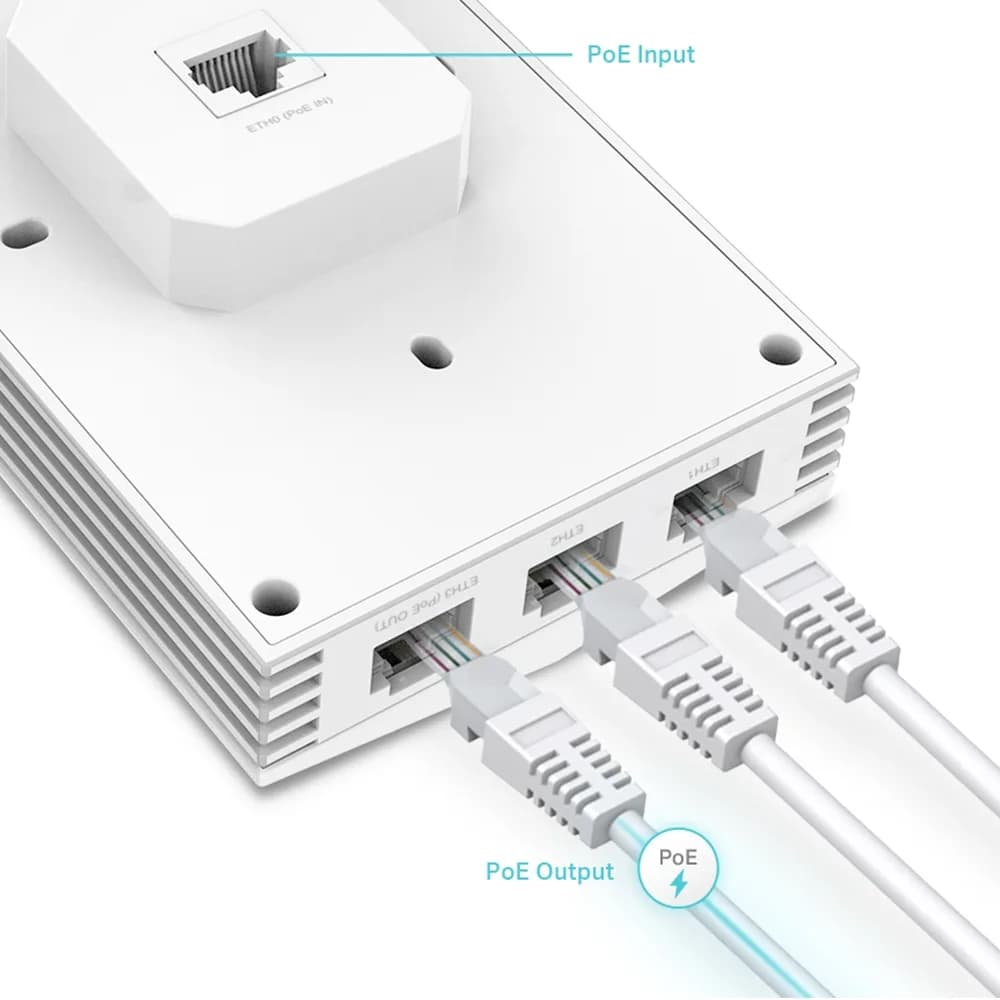 ACCESS POINT TP-LINK wireless AX3000 Mbps dual band Wall Plate WiFi 6, 4x10/100/1000 Mbps Ethernet Ports (1xPoE OUT) 2 antene interne,IEEE802.3af/at PoE,de perete"EAP655-Wall" — miniatură