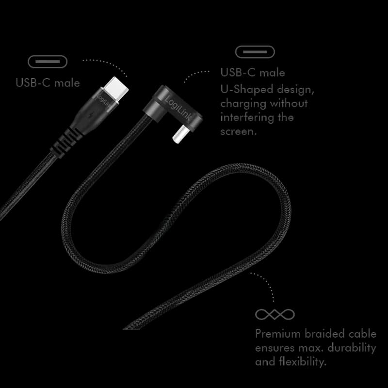 CABLU alimentare si date LOGILINK, pt. smartphone, USB 2.0, USB Type-C (T) la USB Type-C (T) la 180 grade, 3m, 2 x ecranat, aluminiu, negru, "CU0194" — miniatură