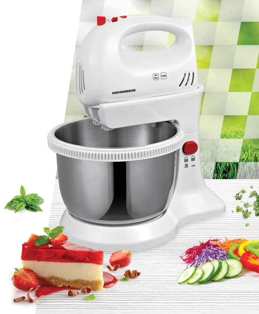 Mixer cu bol Heinner HMBR-300W, Bol rotativ din inox, capacitate: 3.4 L putere: 300W, 5 viteze+Turbo, buton de blocare, accesorii: palete pentru framantare si teluri din inox — miniatură