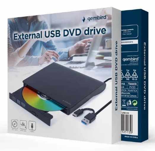DVD-RW extern, GEMBIRD, interfata USB 2.0 + USB 3.1, negru, "DVD-USB-031" — miniatură