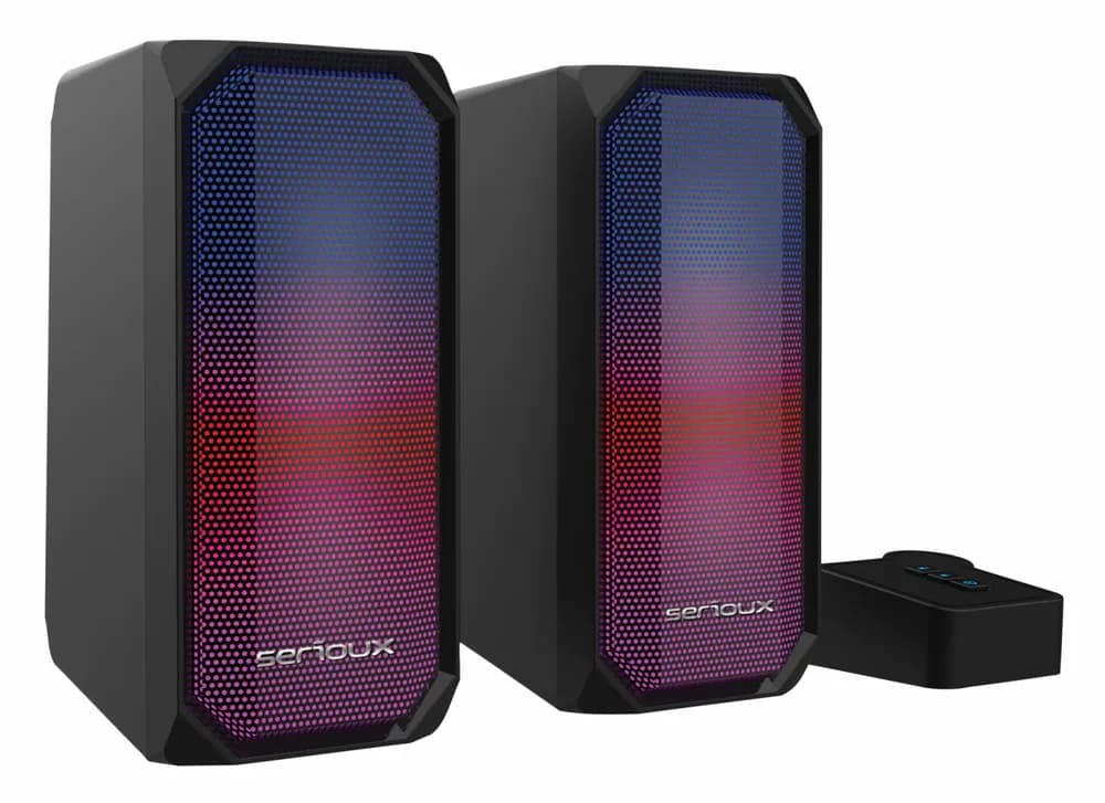 Boxe gaming 2.0 Serioux Kyro RGB, Functie Dual Mode Bluetooth, putere: 3W x 2, impedanță: 4Ω, frecvență: 150Hz - 20KHz, sensibilitate : 650mv± 50mv, alimentare: DC5V / 1A, S / N: ≥75dB, dimensiunea driverului: 2,5 inch x 2, conexiune: 3.5mm jack TRS, RGB : 6 moduri de lumină, cablu USB & audio: 1.2m — miniatură