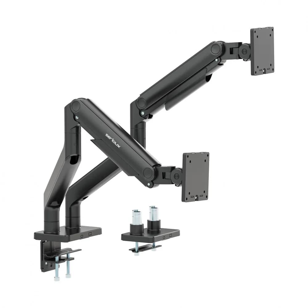 Suport 2 monitoare Serioux MM74-C024, tehnologie arc, compatibilitate dimensiune ecran 17"-45", greutate maximă suportata: (per ecran): 20kg, VESA: 75x75, 100x100, inclinare: +50°~-20°, pivotare: +90°~-90°