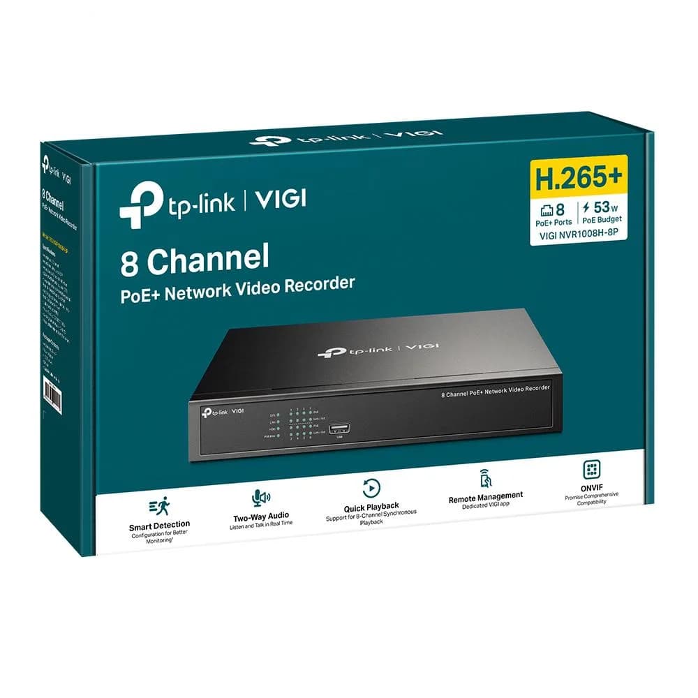 NVR PoE TP-Link VIGI 8 canale 1008H-8MP; 53W, 8 MP,1 SATA Interface, max 16TB(neinclus), H.265+; ONVIF, etecție mișcare, linie, intruziune, persoane, vehicule etc. — miniatură