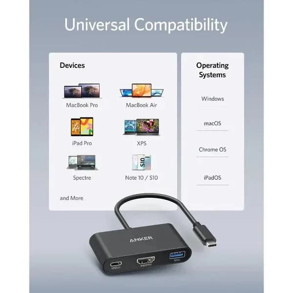 DOCKING Station Anker 3-in-1, porturi: HDMI (M) 4K 30Hz, USB 3.2 gen 1, PD 100W, conectare prin USB Type-C (T), rata transfer 5 Gbps, ABS, gri, "A8339HA1" - 0194644023157 — miniatură