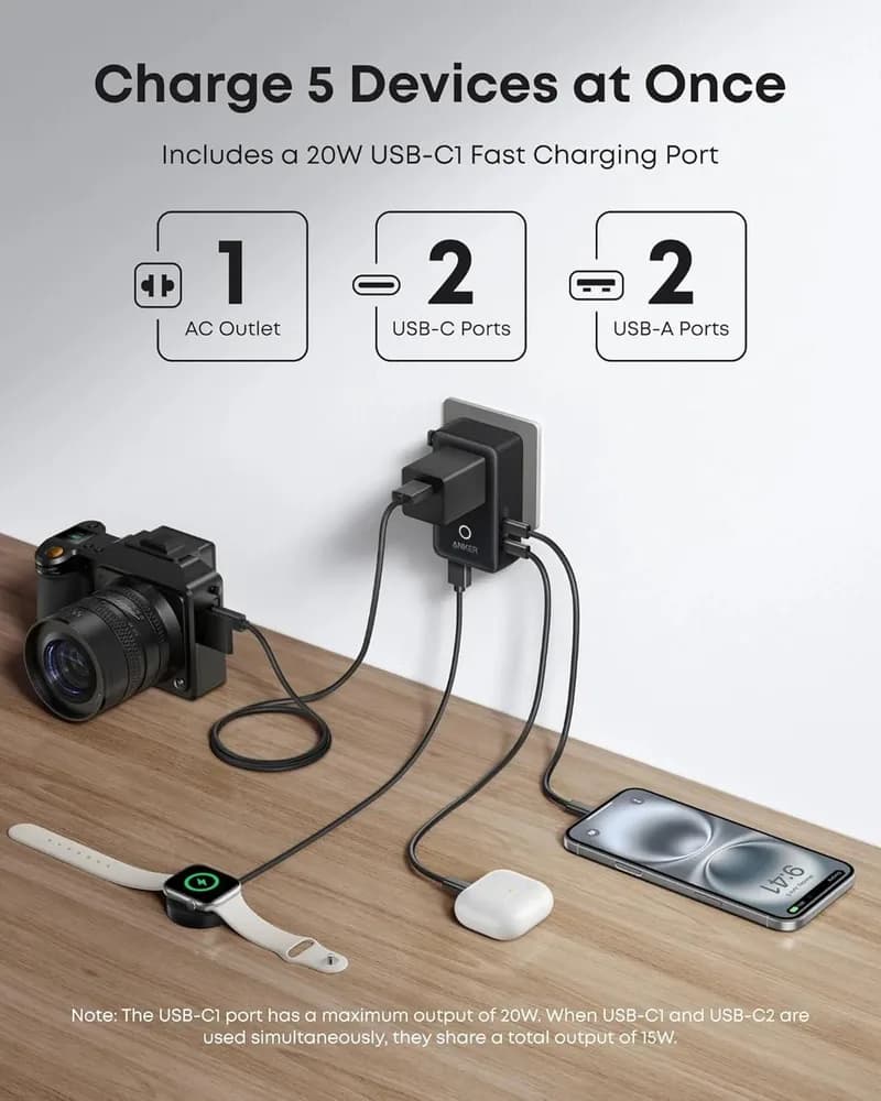 ALIMENTATOR SmartPhone la 220V Anker Anker Nano Travel Adapter (5-in-1, 20W) (H)Offline - UN (excluded CN, Europe) Black 1 "A9215H11" — miniatură