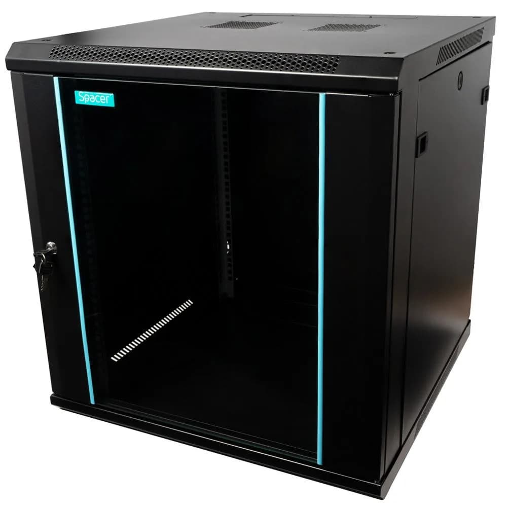 CABINET 19″ SPACER 12U 600x600mm, fixare pe perete, Flatpack (dezasamblat), Black, usa sticla cu blocare, panouri detasabile, otel 1.5mm, sarcina maxima 60Kg