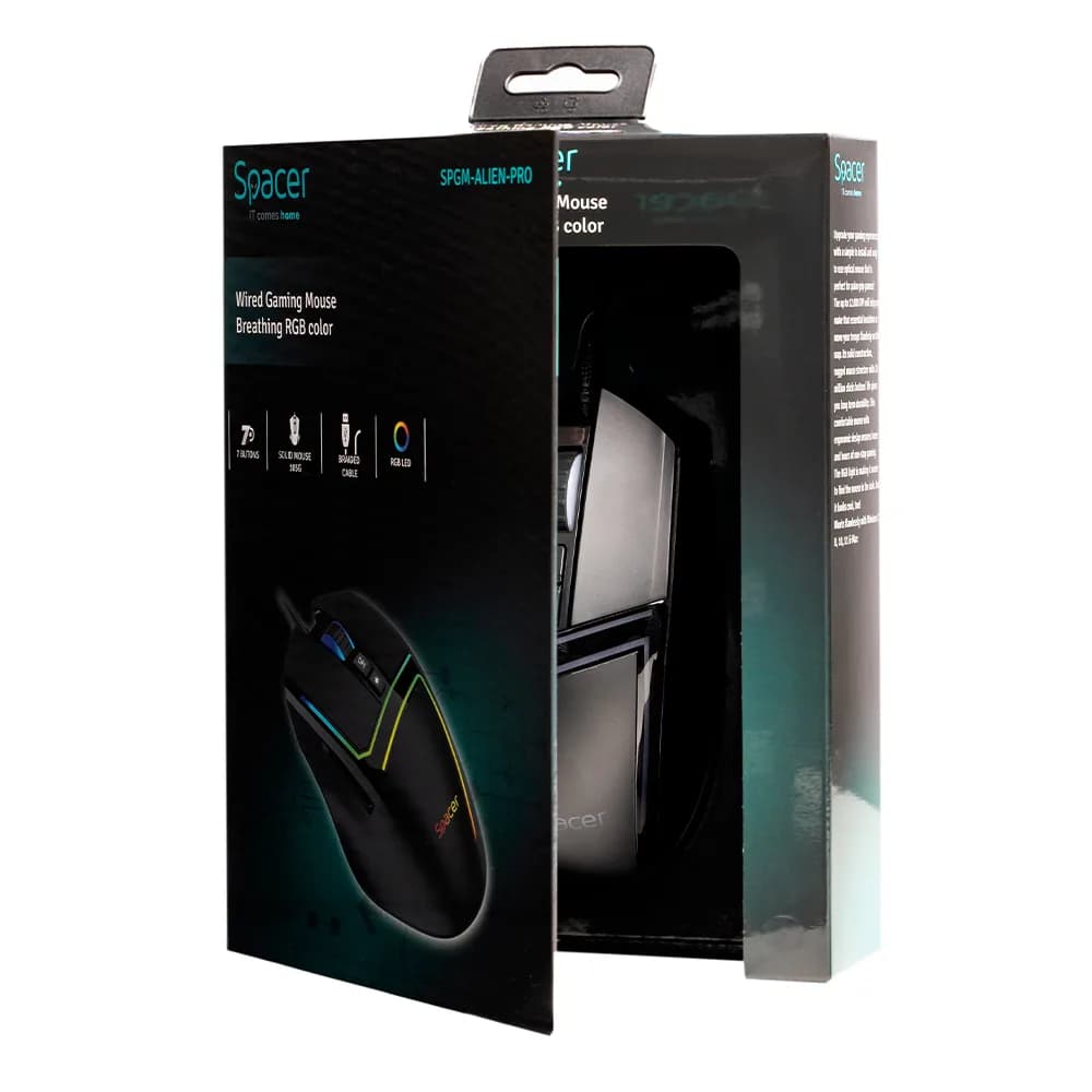 MOUSE Spacer - gaming, gaming, cu fir, USB, optic, 12.000 dpi, butoane/scroll 7/1, iluminare RGB, negru, "SPGM-ALIEN-PRO" — miniatură