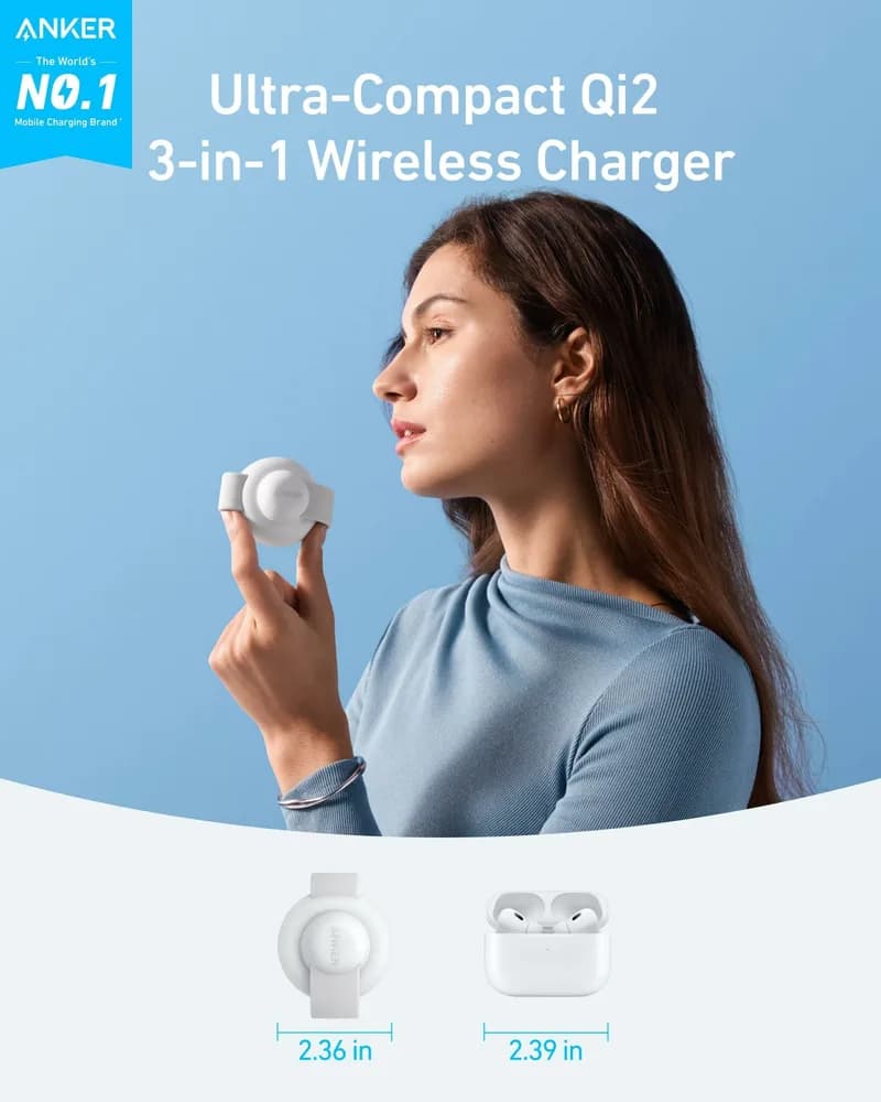 Stand cu incarcare wireless 3 in 1 Anker, MagGo 3-in-1, 15W, portabil, pliabil, fast charge, pentru iPhone seriile 12-16, Apple Watch, AirPods, 1 x USB-C incarcare, alb, "B25M8H21" - 0194644205928 — miniatură