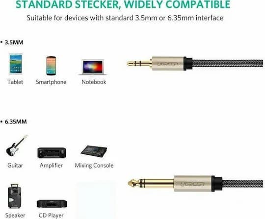 CABLU audio Ugreen, "AV127" TRS jack 3.5 mm (T) la jack 6.35 mm (T), lungime 1m, gri "10625" - 6957303816255 — miniatură