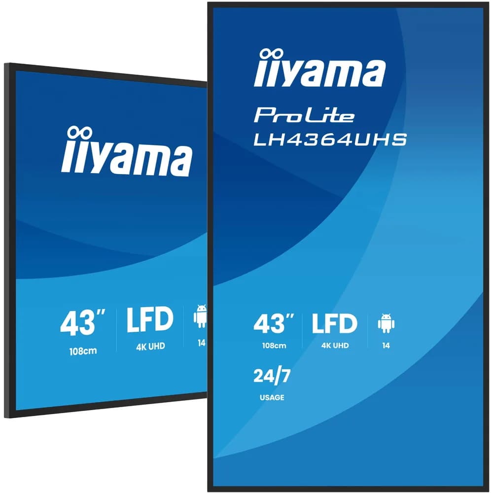 IIYAMA LFD LH4364UHS-B1AG 43 UHD VA 3840 x 2160 60Hz 500 cd 4000:1 6.5ms Android 14OS iiSignage2 (CMS/DMS), iiShare, iiControl, Landscape and Portrait, Speakers 2x 10W, 2x HDMI, 1x USB-C, 15W PD, USB 2.0 x2, WiFi, LAN "LH4364UHS-B1AG" ( 7