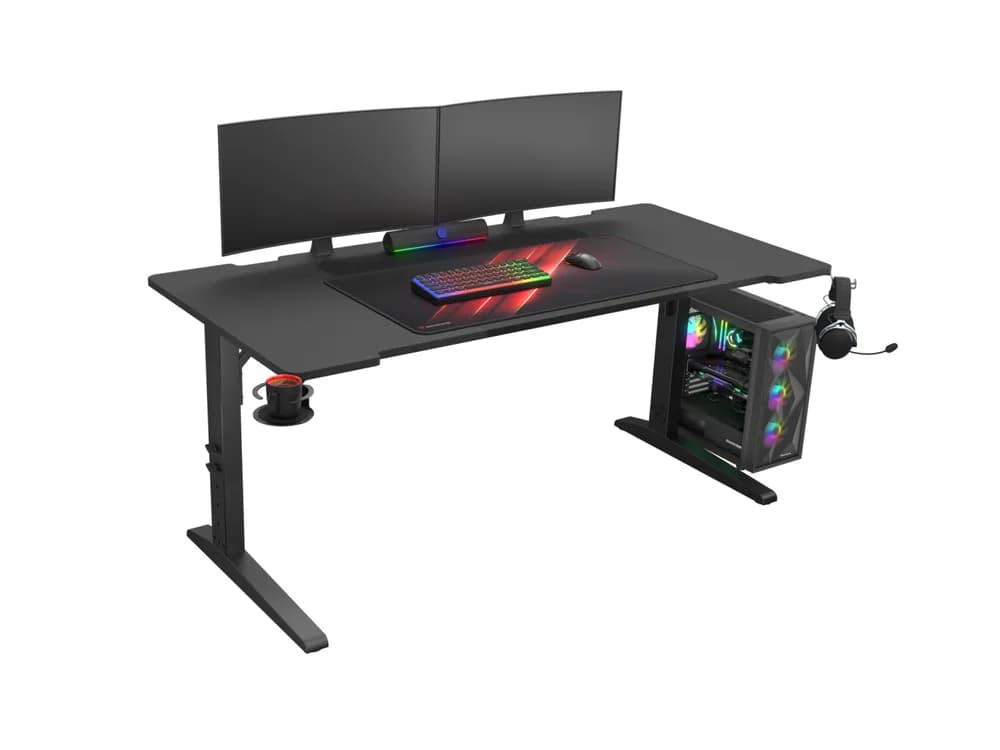 Birou gaming Genesis Holm Modular 160, material lemn/metal, reglabil pe inaltime 70 - 90 cm, iluminare RGB, management cabluri, negru — miniatură