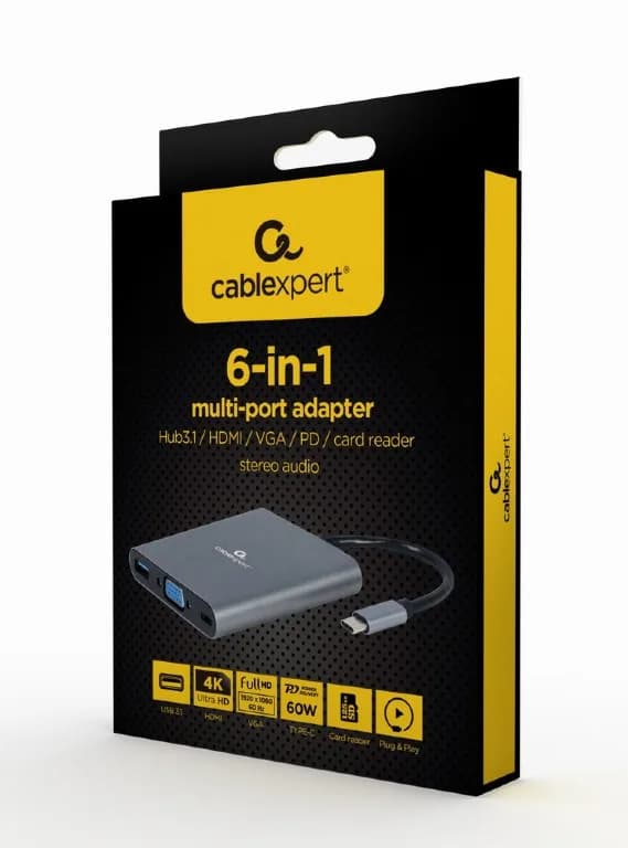 DOCKING Station Gembird universal, 6-in-1, conec PC USB Type C, USB-C x 1, USB-A 3.1 x 1, porturi video HDMIx1, VGAx1, PD 60 W, SD, microSD, Audio, argintiu "A-CM-COMBO6-01" — miniatură