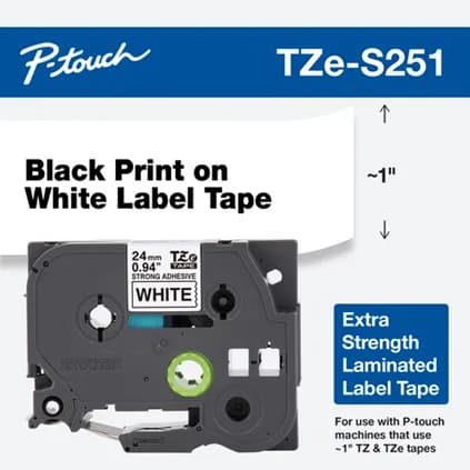 Banda Laminata Original Brother Black on White,TZES251, pentru D600|E500|E550|H500|P700|P710|P750|330|350|520|580|1400|1500|1600|1650|2200|2300|2310|2400|2430|2500|2600|2610|2700|2710|2730|2730|7500|7600, 24mm, incl.TV 1.2 RON, "TZES251"