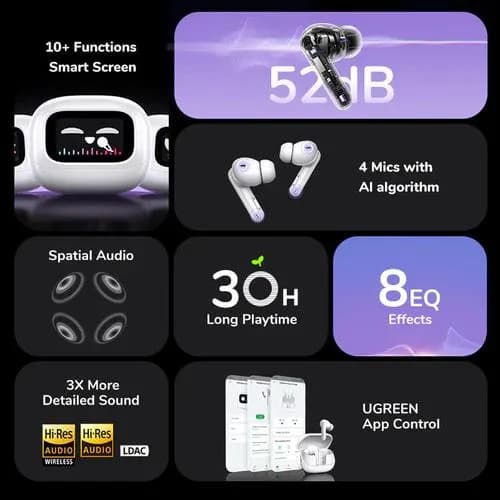 CASTI Ugreen, "CM123" HiTune T6 Magic TWS, 30 ore baterie, incarcare USB Type-C, Over Ear, bluetooth 5.4, alb "55137" — miniatură