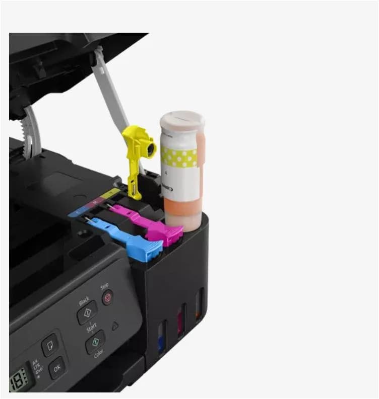 "Multifunctional inkjet color CISS Canon PIXMA G2470, dimensiune A4(Printare, Copiere, Scanare), viteza imprimare 11ipm alb-negru, 6ipm color,rezolutie printare 4800x1200 dpi, imprimare fara margini, alimentarehartie 100 coli, scanner CIS rezolutie 600x1200 dpi, copiere multipla 99copii, Zoom 25 — miniatură