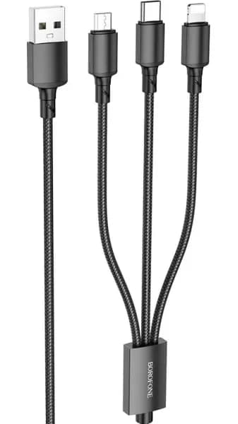 CABLU alimentare Borofone "BX72", pt smartphone,USB la Micro-USB+Lightning + USB Type-C 2A, 1m, brodat, negru "6974443384666"
