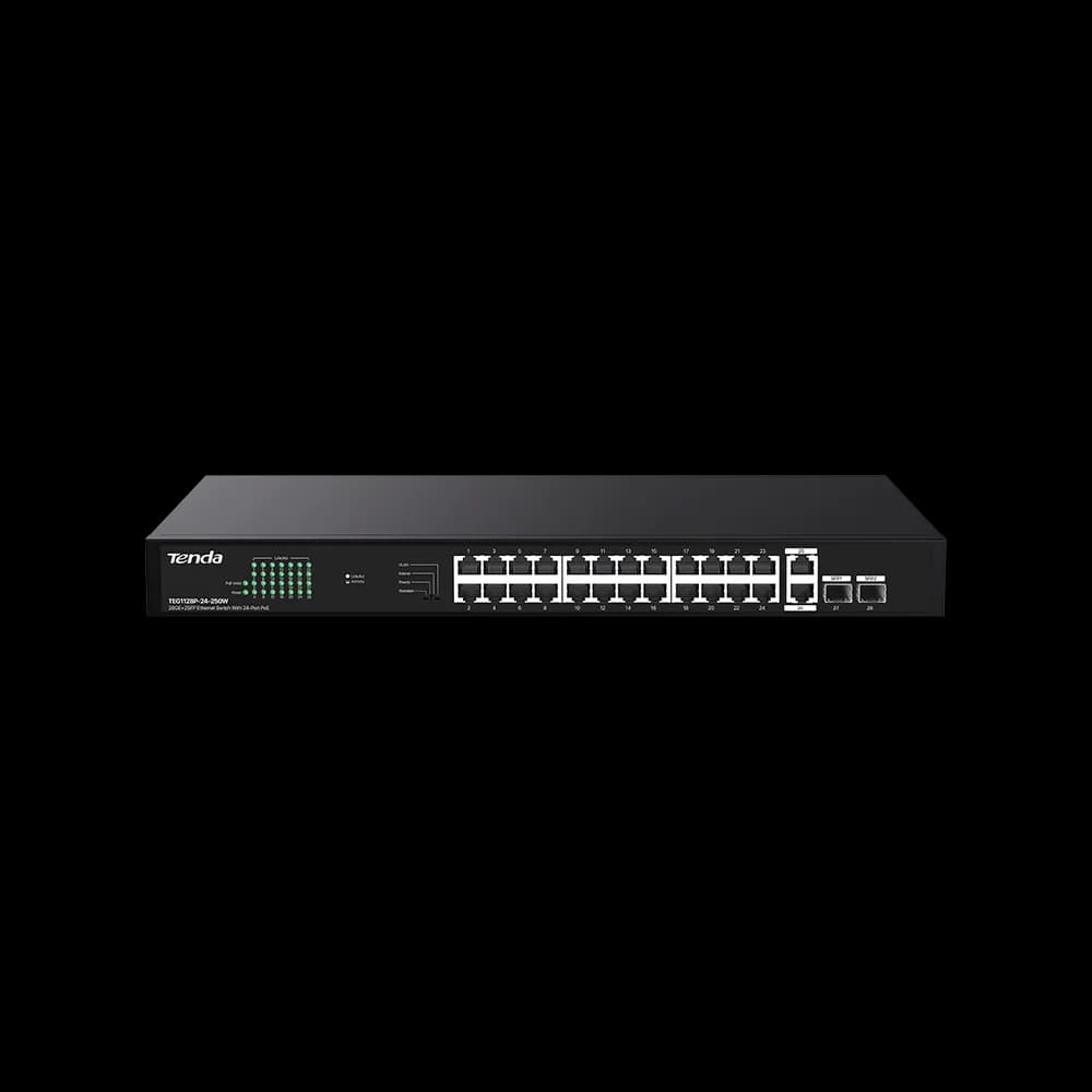 SWITCH TENDA unmanaged, 24 porturi POE+ RJ-45 gigabit, 2 porturi uplink gigabit RJ-45 si 2 porturi SFP IEEE 802.3af/at, max PoE 250W, metalic "TEG1128P-24-250W"