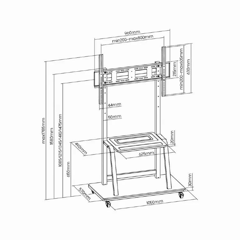SUPORT de podea GEMBIRD, pt 1 TV/monitor, diag. max 37" - 100", fix, max 150 kg, raft max 20 Kg, roti, 1050x570x1785mm, black, "TVS-100F-01" — miniatură