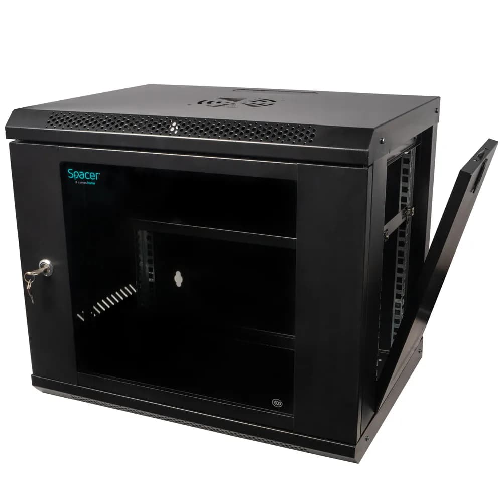 CABINET 19" SPACER 9U 500x400mm, fixare pe perete, Flatpack (dezasamblat), Black, usa sticla cu blocare, panouri detasabile, otel 1mm, sarcina maxima 25Kg, contine un raft, "SPCW-9U-400-BK-02" — miniatură
