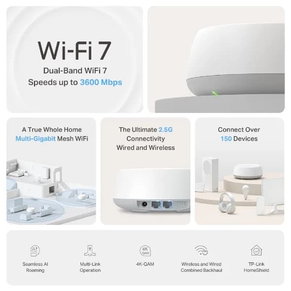 Router wireless TP-LINK BE3600 Whole Home Mesh Wi-Fi 7 System, WIFI 7, Mesh, Dual Band — miniatură