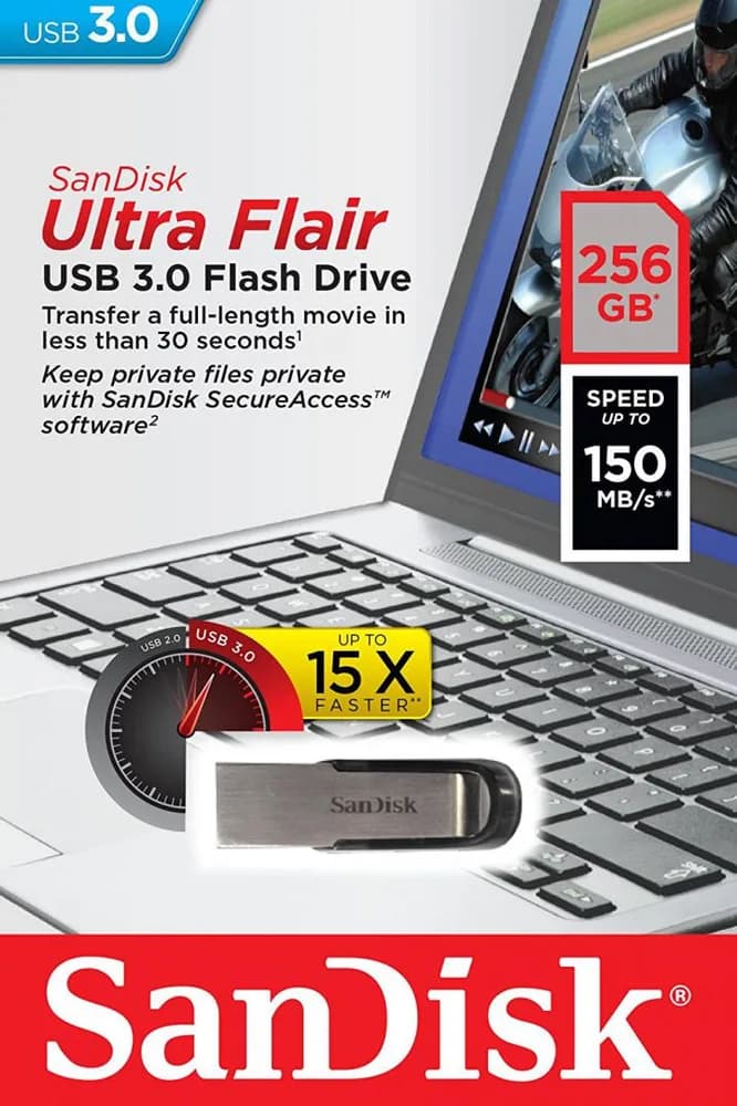Memorie USB SanDisk Ultra Flair 256 GB, USB 3.0, Negru — miniatură