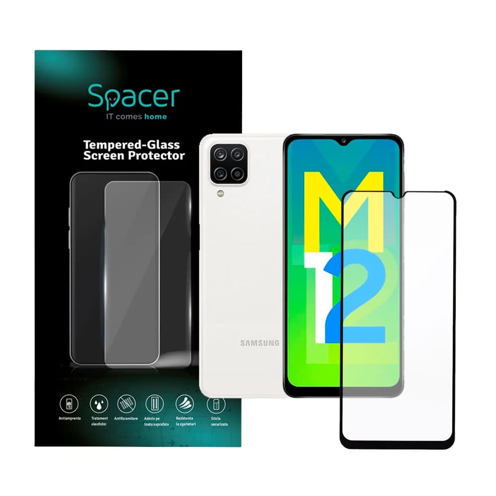 FOLIE STICLA Spacer pentru Samsung Galaxy M12, grosime 0.3mm, acoperire totala ecran, strat special anti-ulei si anti-amprenta, Tempered Glass, sticla 9D, duritate 9H "SPPG-SM-GX-M12-TG"
