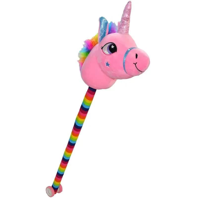 Unicorn de calarit, cu tija + rotile, cu sunet, mov/albastru/roz/galben, 80 cm — miniatură