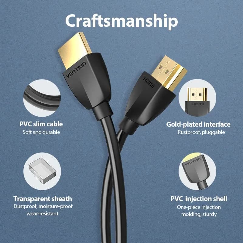Cablu video Vention, HDMI(T) la HDMI (T), 0.5m, rezolutie 4K la 60Hz, negru, "AAIBD" - 6922794741553 — miniatură