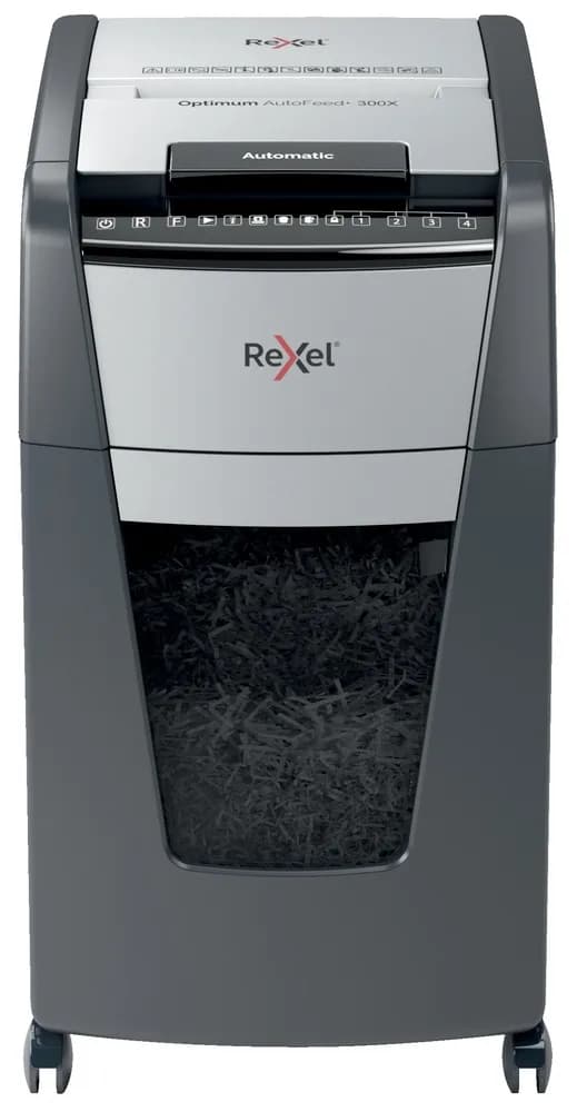 Distrugator automat documente Rexel OPTIMUM 300X, 300 coli, P4, cross-cut (tip confeti), cos 60 litri, negru-gri, "2020300XEU" — miniatură