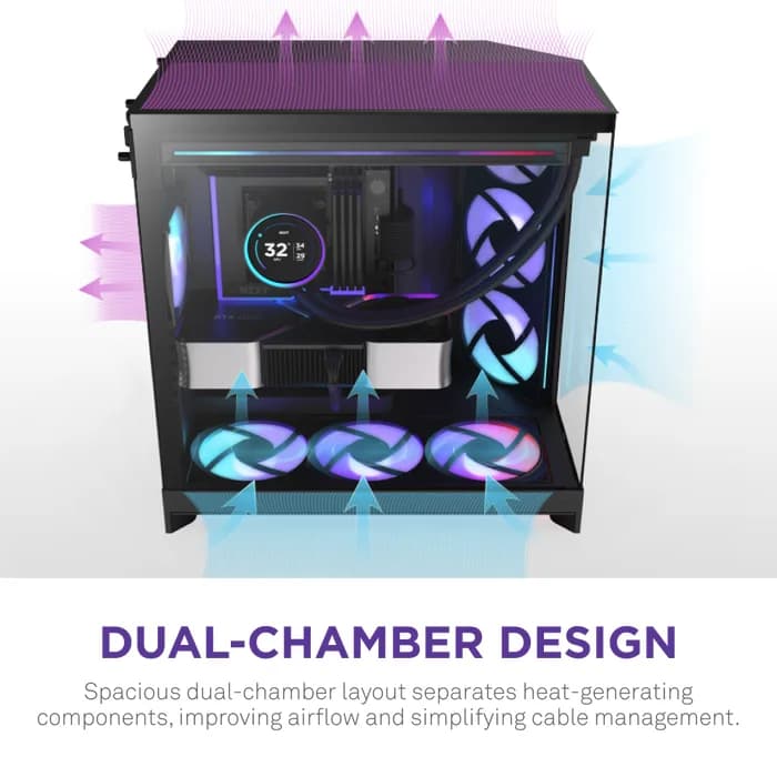 Carcasa NZXT H9 Flow RGB+ (2025), Dual-Chamber, Mid-Tower, Control Hub, Negru "CM-H92FB-P1" — miniatură