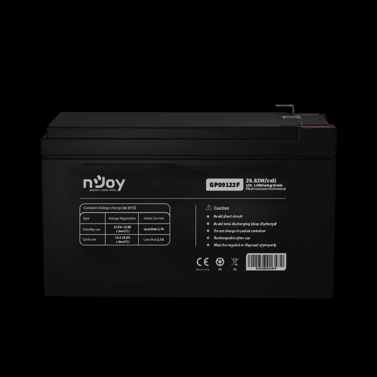 ACUMULATOR NJOY GP09122F 12V Tip VRLA AGM Terminale F2 Durata teoretica de viata in mod asteptare pana la 5 ani Cycle Use 14.4V-15.0V (-30mV/C), max. Current: 2.7A Float Use 13.5-13.8V (-20 mV/C) https://www.njoy.global/product/gp09122f?el=resources — miniatură