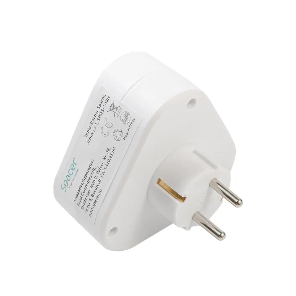 Triplu Stecher SPACER, Schuko, max 3500W, 16A, protectie copii, 3 prize Schuko, 1 stecher Schuko — miniatură