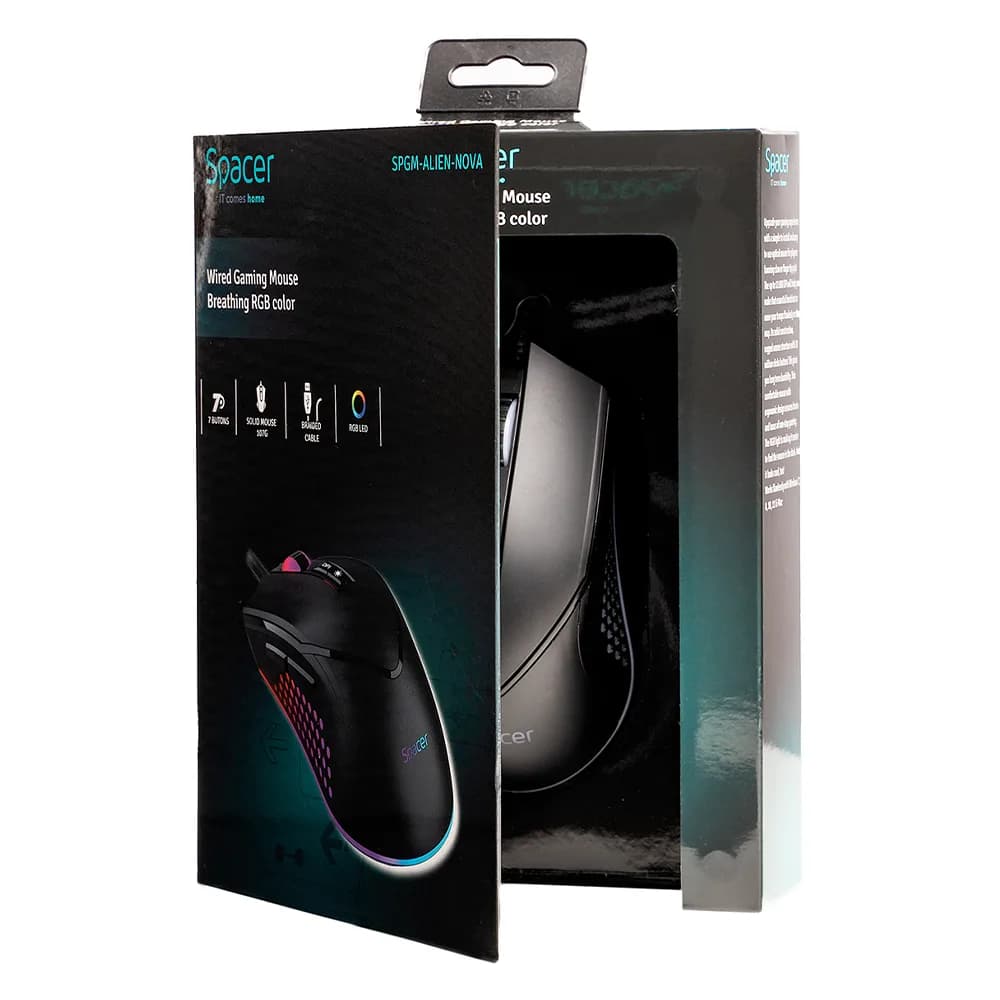 MOUSE Spacer - gaming, gaming, cu fir, USB, optic, 12.000 dpi, butoane/scroll 7/1, iluminare RGB, negru, "SPGM-ALIEN-NOVA" — miniatură