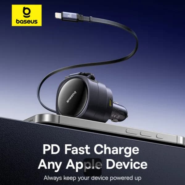 INCARCATOR auto Baseus Enjoyment Max, Quick Charge 90W, 1 x USB, cablu retractabil integrat 2 x USB Type-C, pt. bricheta auto, negru "C00035507121-03" - 6932172682606 — miniatură