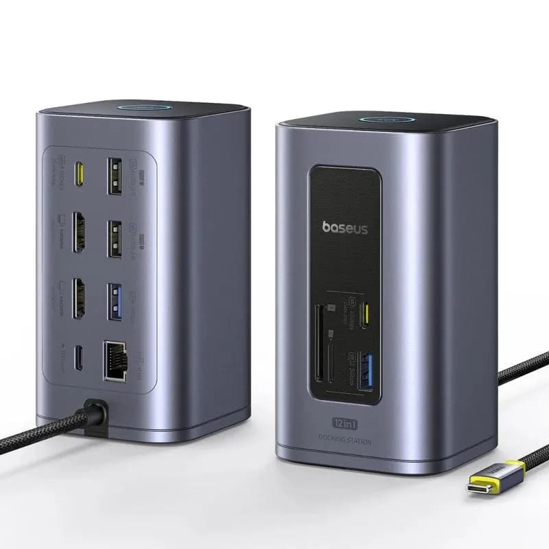 DOCKING STATION Baseus Spacemate RD1 12 in 1, input USB Type-C, output 2xHDMI 4K@60Hz, 2xUSB-C (10Gbps), 2xUSB-A (5Gbps), 2xUSB, 1xRJ45, card reader SD/micro SD, 1XUSB-C (PD), gri "B00568103813-00" - 6932172687137 — miniatură