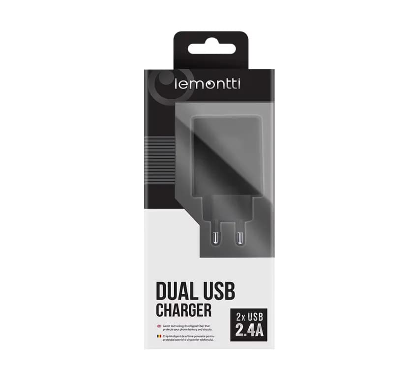 Lemontti Incarcator Retea 2.4A 2 porturi USB-A Negru — miniatură