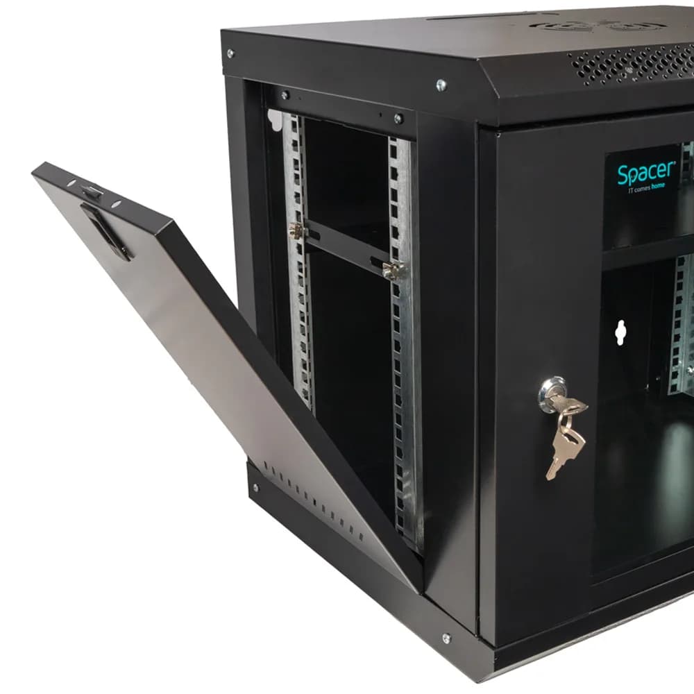 CABINET 19" SPACER 9U 500x400mm, fixare pe perete, Flatpack (dezasamblat), Black, usa sticla cu blocare, panouri detasabile, otel 1mm, sarcina maxima 25Kg, contine un raft, "SPCW-9U-400-BK-02" — miniatură
