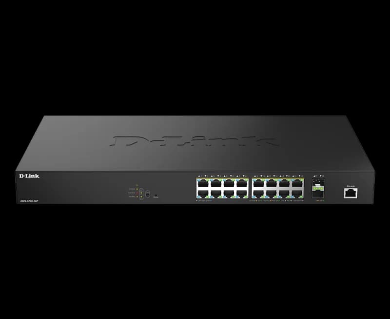 D-Link DMS-1250-18P/E. Switch type: Managed, Switch layer: L2. Basic switching RJ-45 Ethernet ports type: 2.5G Ethernet (100/1000/2500), Basic switching RJ-45 Ethernet ports quantity: 16. MAC address table: 16000 entries, Switching capacity: 120 Gbit/s. Networking standards: IEEE 802.1Q, IEEE
