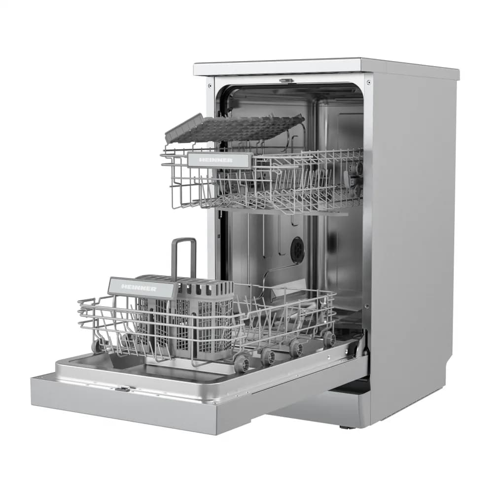 MASINA DE SPALAT VASE HEINNER HDW-FSM45609DWE++. 9 SETURI, CLASA DE EFICIENTA ENERGETICA E, CONTROL ELECTRONIC, DISPLAY DIGITAL, 6 PROGRAME: INTENSIV, UNIVERSAL, ECO, PAHARE, 90 MIN, RAPID (30 MIN), FUNCTIE HALF LOAD, EXTRA USCARE, PORNIRE INTARZIATA (1-24H), COS SUPERIOR AJUSTABIL PE INALTIME — miniatură