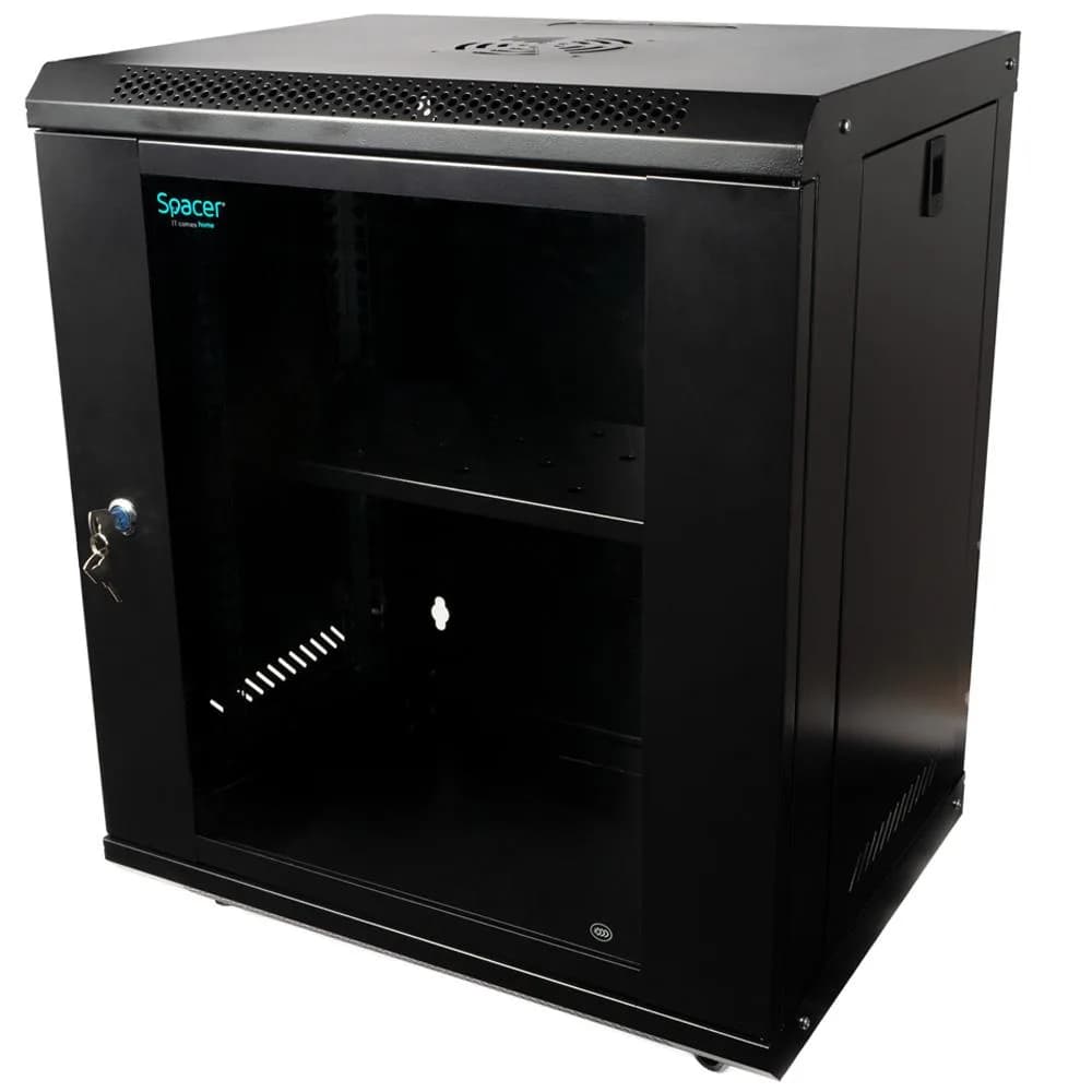 CABINET 19″ SPACER 12U 500x400mm, fixare pe perete, Flatpack (dezasamblat), Black, usa sticla cu blocare, panouri detasabile, otel 1mm, sarcina maxima 25Kg — miniatură