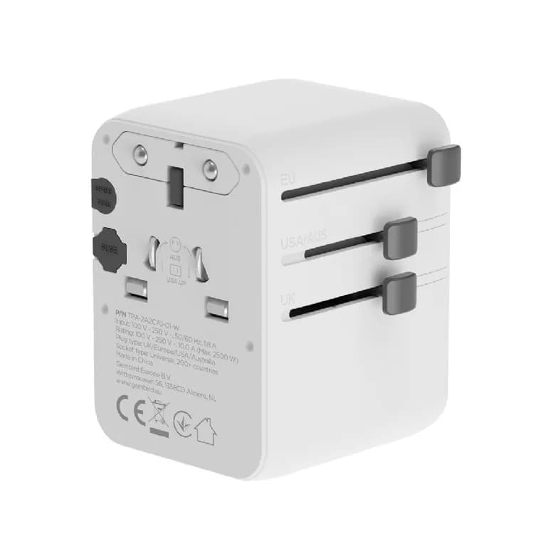 ADAPTOR GEMBIRD, universal, conectori: US/UK/EU/AU, 2x USB Type-C PD 70W, 2x USB-A 15W, siguranta 10A, max. 2500W, alb, "TPA-2A3C70-01-W"