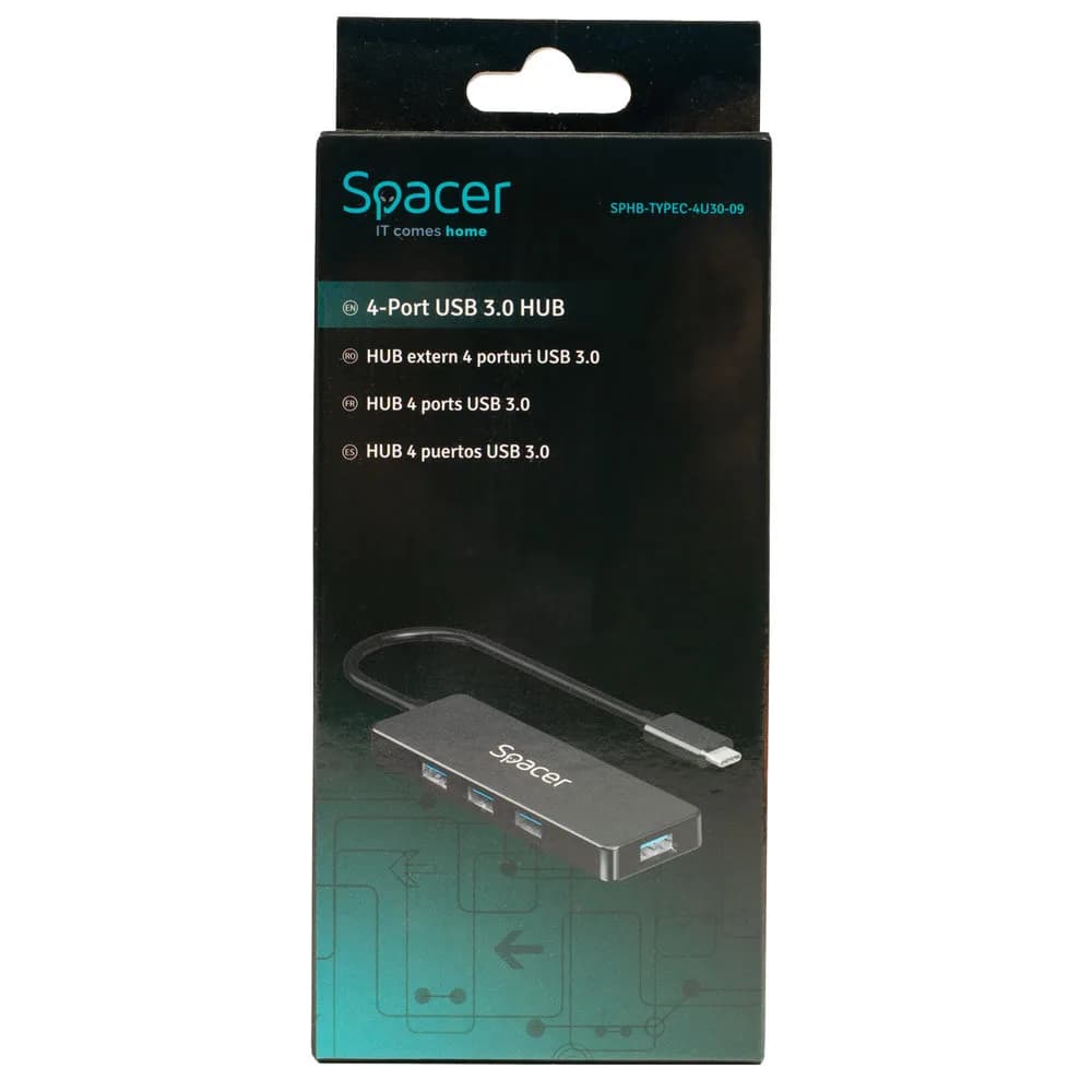 HUB extern SPACER, porturi USB:USB 3.0 X 4, 5V in (Type-C), conectare prin TYPE-C, cablu 15cm, ABS, "SPHB-TYPEC-4U30-09" — miniatură