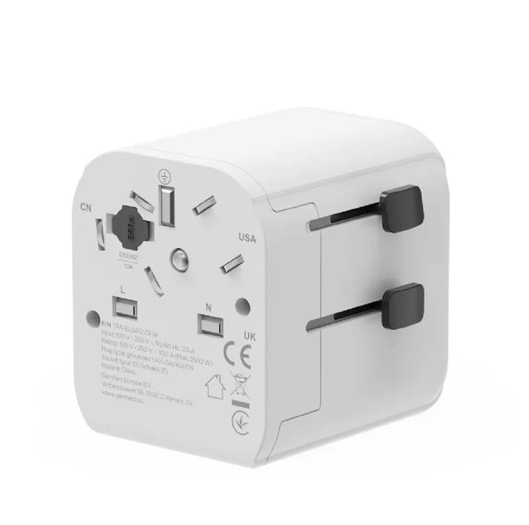 ADAPTOR GEMBIRD, universal, EU la conectori: US/UK/CN/AU, cu impamantare, 1x Schuko, 2x USB-A 12W, siguranta 10A, max. 2500W, alb, "TPA-EU2A12-01-W" — miniatură