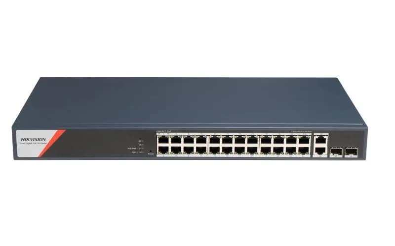 Switch PoE Hikvision DS-3E1528HP-SI-24P2T2F: 24 x 10/100/1000 Mbps PoE Ports, 2 × 10/100/1000 Mbps RJ45, 2 x 10/100/1000 Mbps SFP, 24 porturi PoE maxim 90W, buget PoE 370W, tensiune alimentare: 100-240V~ 50/60Hz 6.3 A, dimensiuni: 440 mm × 44 mm × 220.8 mm, greutate: 2.975kg, montare pe birou sau in