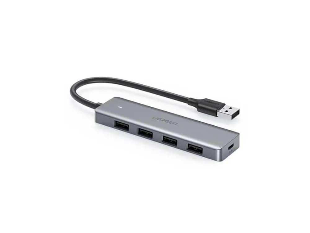 HUB extern Ugreen, "CM219" porturi USB: USB 3.0 x 4, conectare prin USB, material ABS, port micro USB 5V, lungime 15 cm, LED, gri, "50985" - 6957303859856