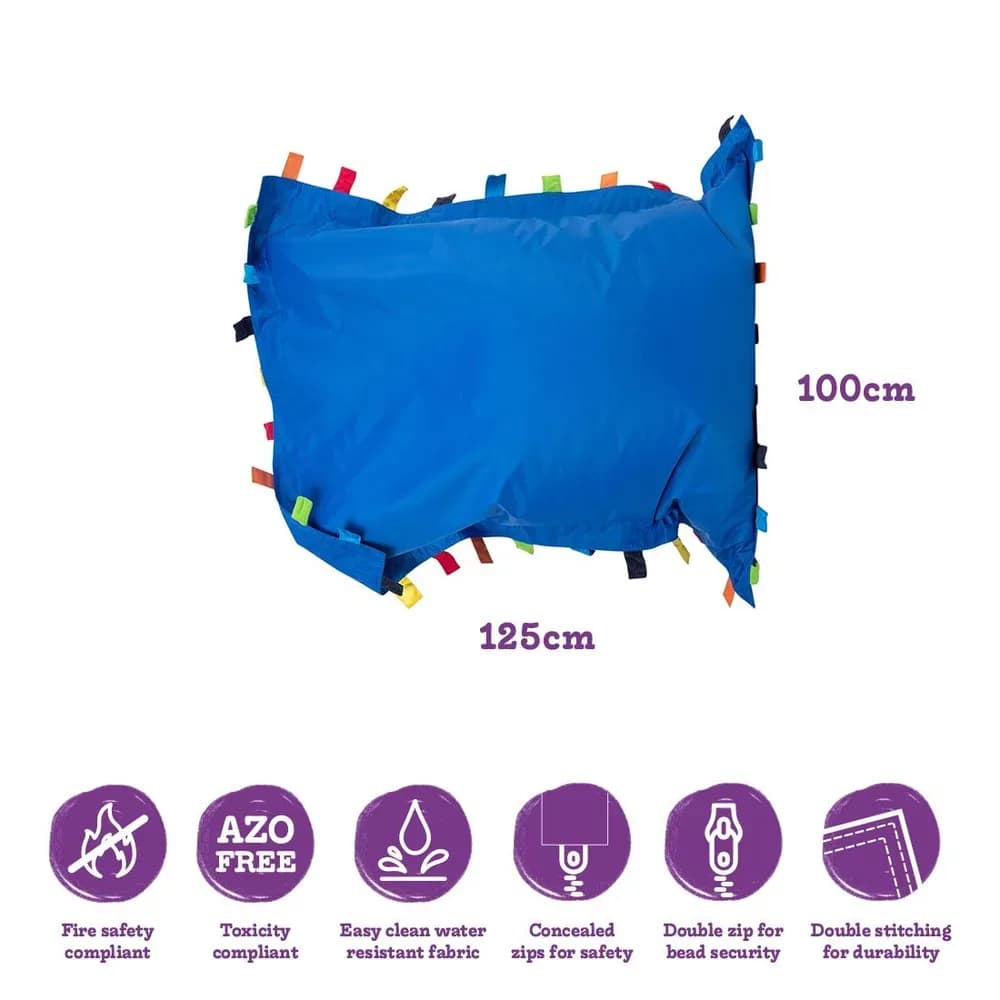Pernă de podea puf senzorială cu etichete tactile, albastră – 100cm x 125cm — miniatură